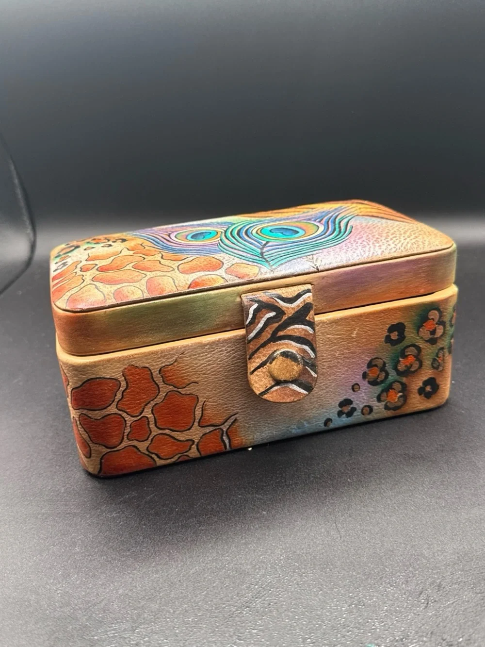 Anuschka Multicolor Peacock Feather Painted Leather Jewelry Box